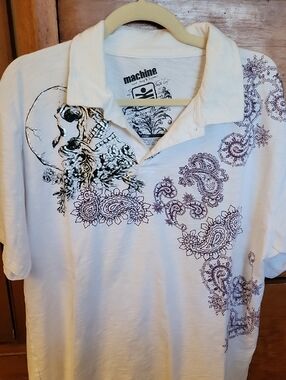 Machine Vintage White Polo Shirt with Skull & Embroidered Paisley Print